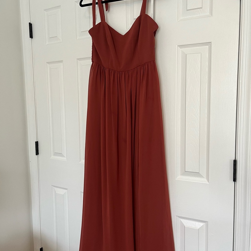 David’s Bridal Tie Strap Chiffon Sweetheart Long Bridesmaid Dress Cinnamon